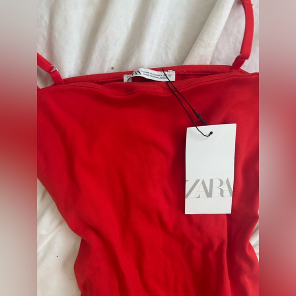 Zara Red Orange Bodycon Mini Dress Spaghetti Strap NWT Medium - Picture 2 of 3